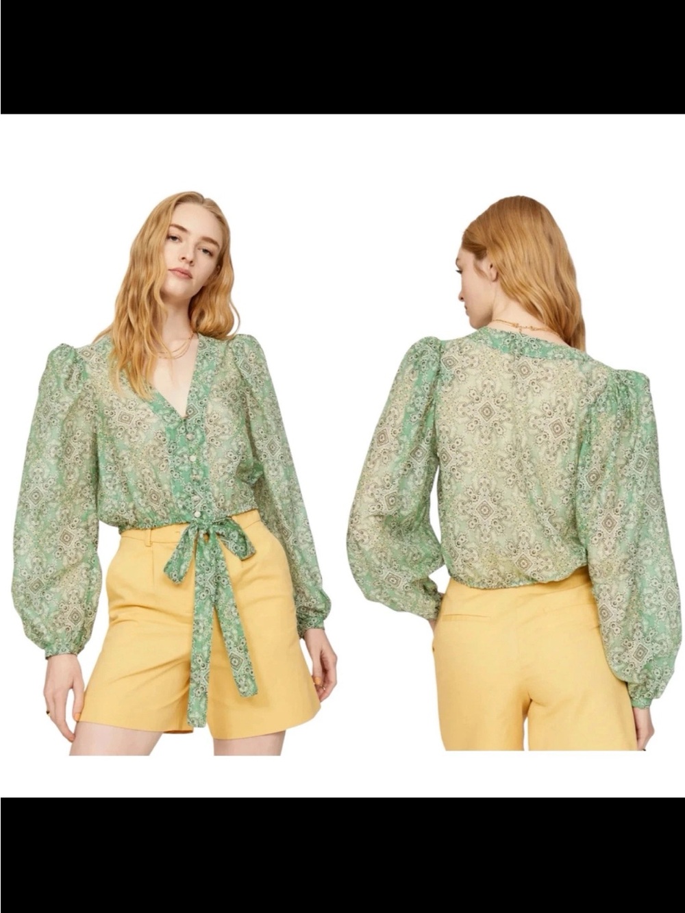 LE SUPERBE Get Ready Blouse Size 8 Green Silk Cotton Sheer Puff Sleeve Tie Front